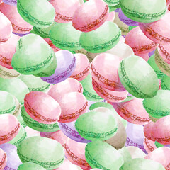 たくさんのマカロンの壁紙、背景。シームレス。