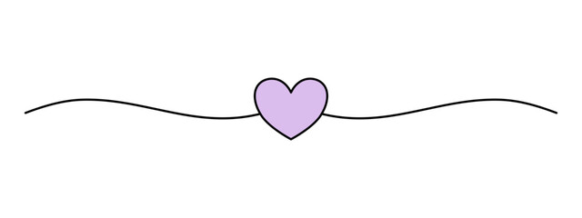 Simple purple heart with black outline and two wavy lines on the sides. Minimalist decorative design for romantic card embellishments - obrazy, fototapety, plakaty