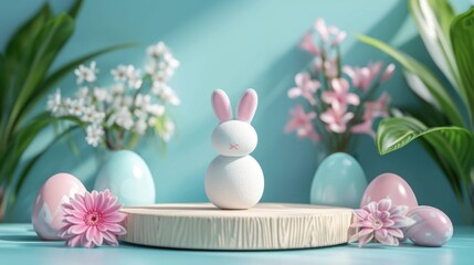 Podium in the Easter rabbit, bunny background. Studio podium for product advertising. Stage stand. Blank podium. Display platform