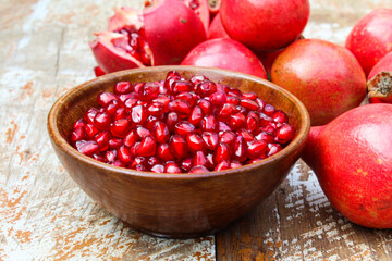 Pomegranate seeds in a bowl close-up view 