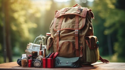 Closeup of a rugged backpack with several pockets, packed with camping essentials.