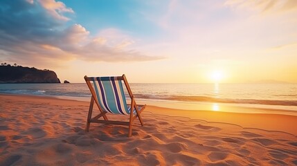 Two deck chairs for sunbathing on the beach, view at sunset. beautiful colorful sunset