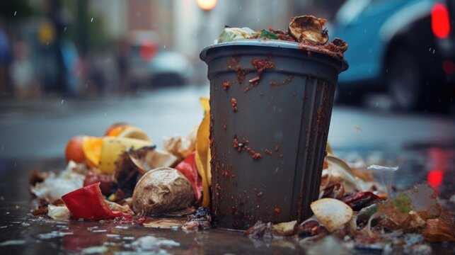 A macro shot of various types of waste overflowing from a garbage can, emphasizing the challenge of waste management and sustainable solutions in densely populated cities.
