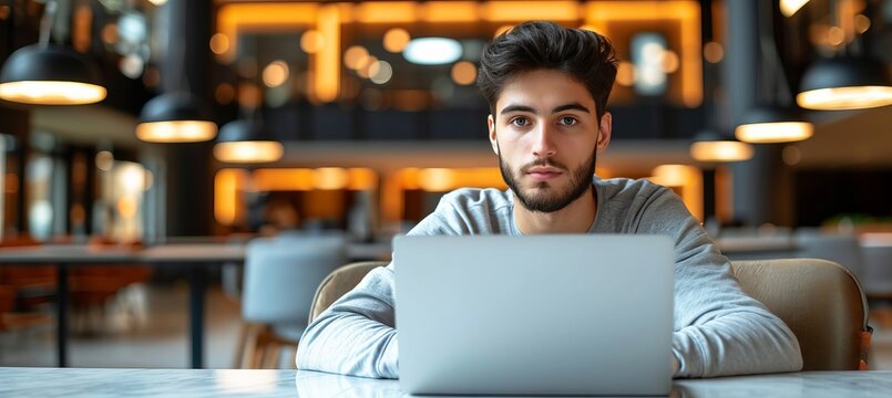 Scandinavian man working on laptop at co working space, freelancer or student, bright colors