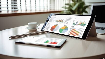 Financial graph on table, high angle and business group photo, with tablet phone and pen