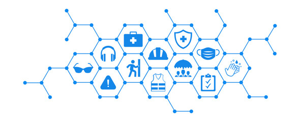 Occupational health and safety vector illustration. Blue concept with icons related to hazard prevention, accident protection in the workplace, safety equipment , gear, caution in dangerous situations - obrazy, fototapety, plakaty