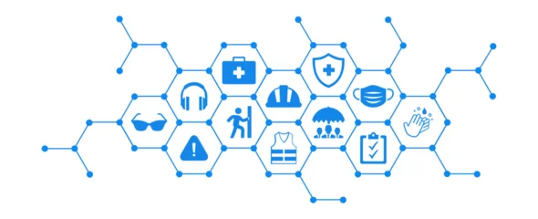 Fotobehang Occupational health and safety vector illustration. Blue concept with icons related to hazard prevention, accident protection in the workplace, safety equipment , gear, caution in dangerous situations © M Harry