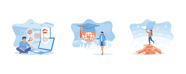 Obraz premium Man using a laptop to take online lessons from home. Education in a Global World. Cheerful girl standing on a pile of books. set flat vector illustration.