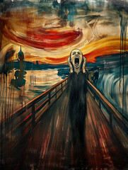 AI-Generated Modern Twist on Munch's Scream: Man Screaming on a Bridge
