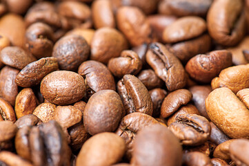 Coffee beans close up macro photo. Coffee as background.
