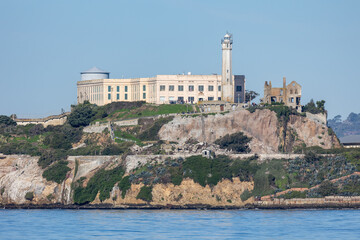 Fototapeta na wymiar View of Alcatraz prison and island from Fisherman's Wharf