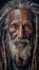 Elderly Jamaican Rastaman with dreadlocks, intense look of a wise Rastafarian man, calm and...