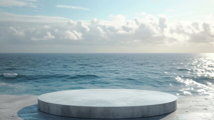 Podium in the landscape of sea wave and ocean background. Studio podium for product advertising. Stage stand. Blank podium. Display platform