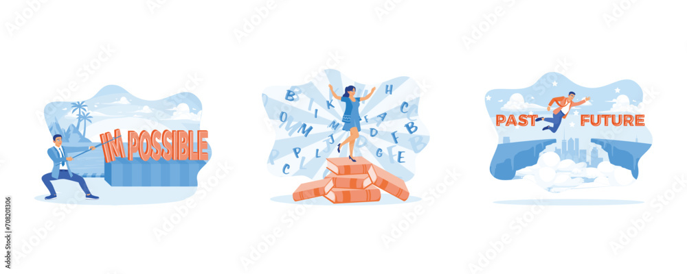 Wall mural Self improvement concept. A cheerful girl in a blue dress is standing on a pile of books. A grown man jumps from the cliff of the past into the future. set flat vector illustration.