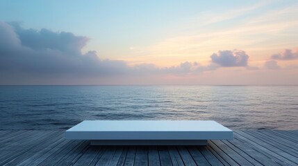 Obraz premium Podium in the landscape of sea wave and ocean background. Studio podium for product advertising. Stage stand. Blank podium. Display platform