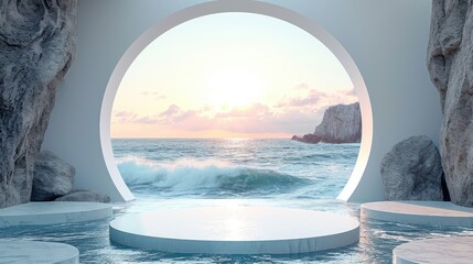Podium in the landscape of sea wave and ocean background. Studio podium for product advertising. Stage stand. Blank podium. Display platform