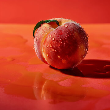 Juicy Peach on Colorful Wet Background with Copy Space