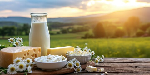 Fresh milk and several types of cheese and cottage cheese on a wooden table on a farm against a field. Sunny morning dairy farm products - obrazy, fototapety, plakaty