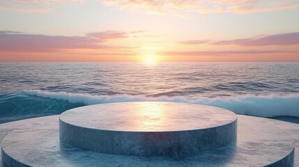 Podium in the landscape of sea wave and ocean background. Studio podium for product advertising. Stage stand. Blank podium. Display platform