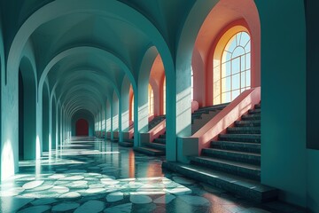 Fototapeta premium This image showcases a very long hallway flooded with natural light from numerous windows, creating a mesmerizing and never-ending perspective
