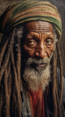 Elderly Jamaican Rastaman with dreadlocks, intense look of a wise Rastafarian man, calm and...