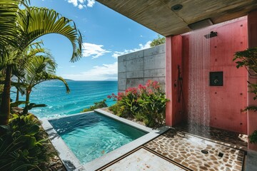 Modern bathroom with pink shower overlooking the ocean and pool with a flower 