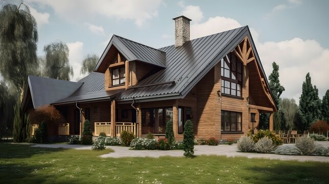 country exterior house design, country style, house, exterior design photography, daytime, 4k, hyperrealistic