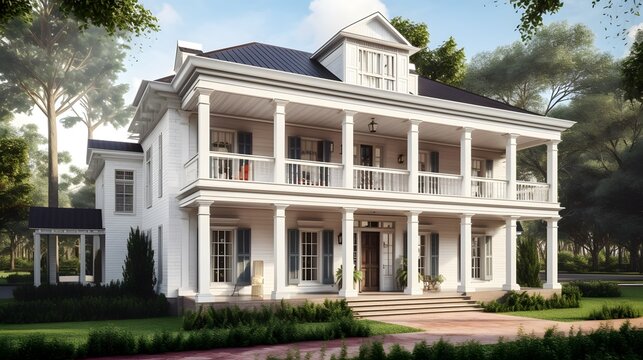 colonial exterior house design, colonial style, house, exterior design photography, daytime, 4k, hyperrealistic