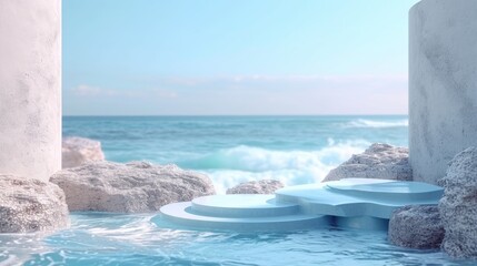 Podium in the landscape of sea wave and ocean background. Studio podium for product advertising. Stage stand. Blank podium. Display platform