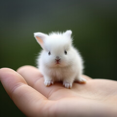 AI-Generated Image of a Miniature White Rabbit on a Human Finger