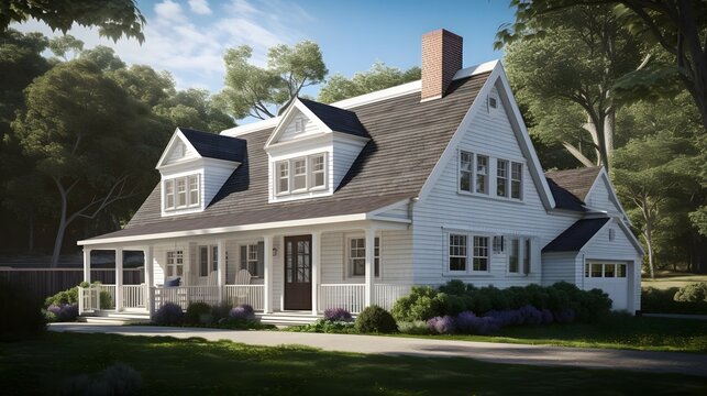 cape cod exterior house design, cape cod style, house, exterior design photography, daytime, 4k, hyperrealistic