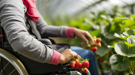 disabled person in a wheelchair strawberry picking in a glasshouse field - obrazy, fototapety, plakaty