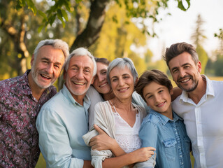 Obraz premium Portrait of a happy family standing in the park and looking at camera