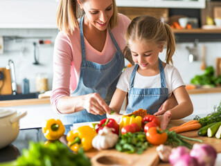 Beautiful young woman and her cute little daughter are cooking together in the kitchen.