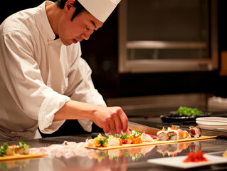 Japanese chef preparing sushi on the table in a restaurant. Japanese cuisine.