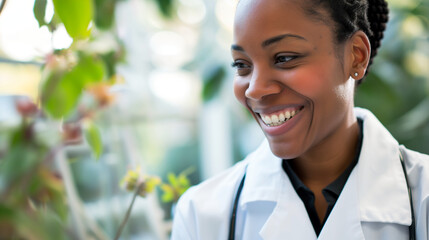 Close up portrait of a happy black african American scientist pharmacist biologist in a white uniform - obrazy, fototapety, plakaty