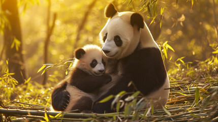 Giant panda and panda cub cuddling in the wild with bamboo
