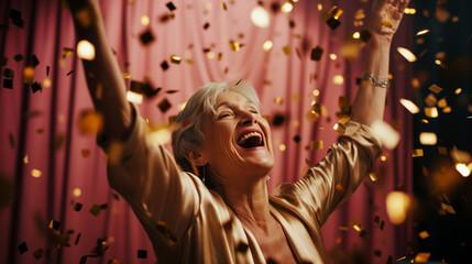 Mature senior white woman celebrating winning dancing with gold confetti, close up of a happy pensioner at a party