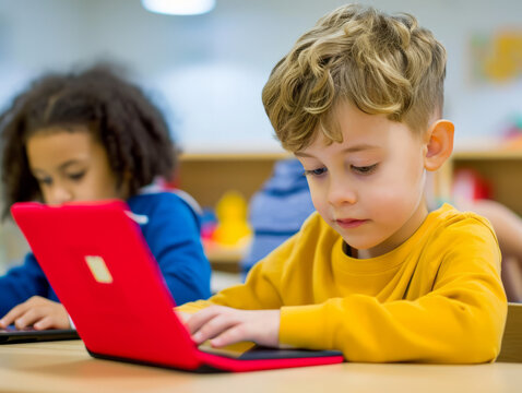 Cute little boy using a laptop in a classroom. Cute preschool child using a laptop computer.