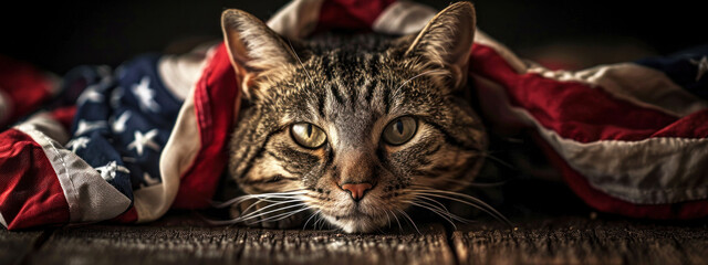 A majestic cat gazes solemnly from beneath the American flag, encapsulating the dignified spirit of July 4th, America's day of independence.
