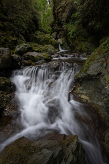 Vertical waterfall background with rocks and trees in a forest