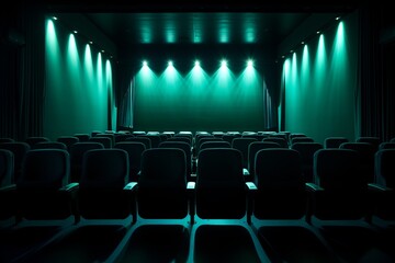 Movie theater with solitary flickering light casting a glow on the empty rows of seats