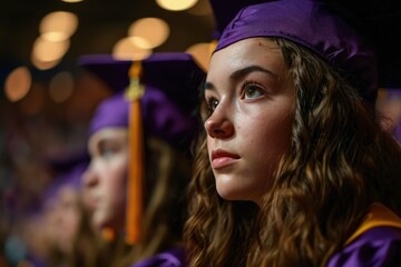 Celebration High School graduating in purple cap - obrazy, fototapety, plakaty