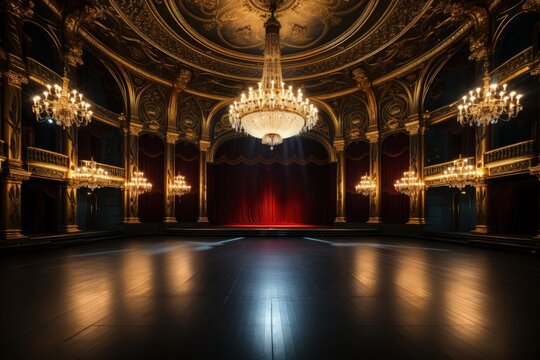 Opulent theater hall with lit chandeliers and stage.