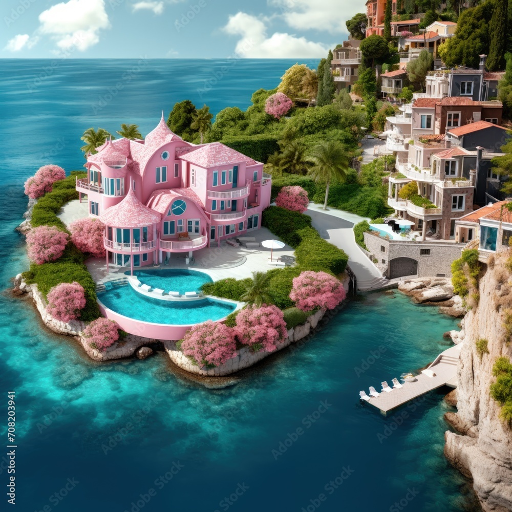 Sticker A stunning pink house stands proudly on a secluded island in the middle of the vast ocean, surrounded by crystal clear turquoise waters and blue skies