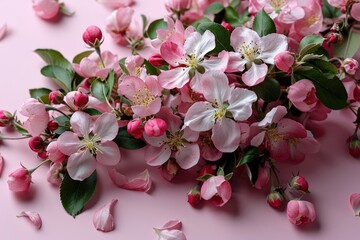 Naklejka na ściany i meble A delicate arrangement of red white apple blossoms laid out on a soft pink background, creating a gentle and harmonious floral composition perfect for spring themes.