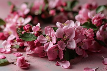 Obraz na płótnie Canvas A delicate arrangement of pale pink cherry blossoms laid out on a soft pink background, creating a gentle and harmonious floral composition perfect for spring themes.