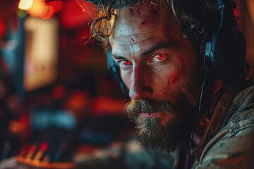 A man with red eyes looks pensively at the camera, with a moody and atmospheric lighting that creates a sense of intrigue and intensity - obrazy, fototapety, plakaty