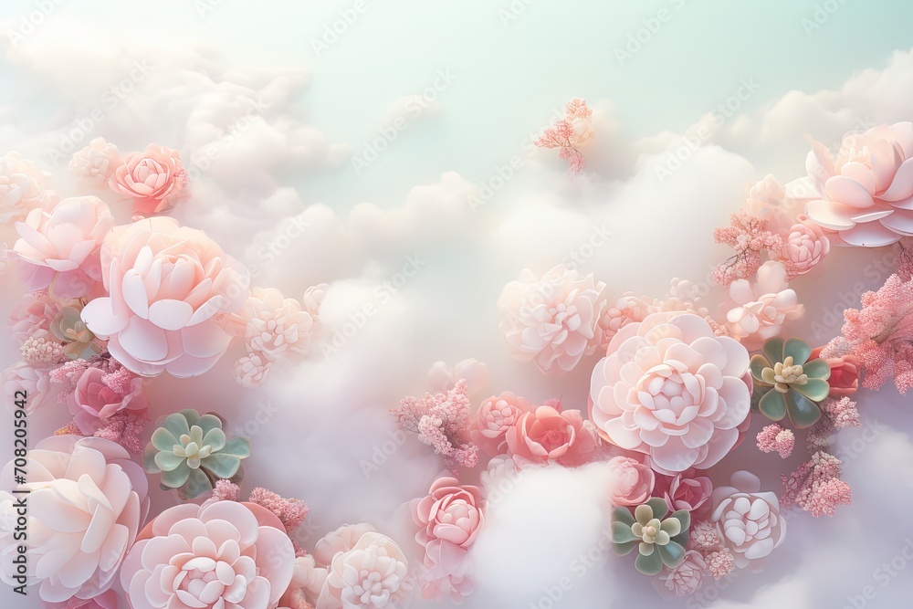 Poster group of pink flowers gracefully floating in the air, creating a dreamy and enchanting scene