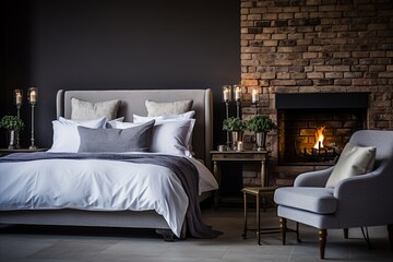 Inviting Modern Loft-Style Bedroom with Cozy Bed, Pillows, Bedspread, Fireplace, and Brick Wall
